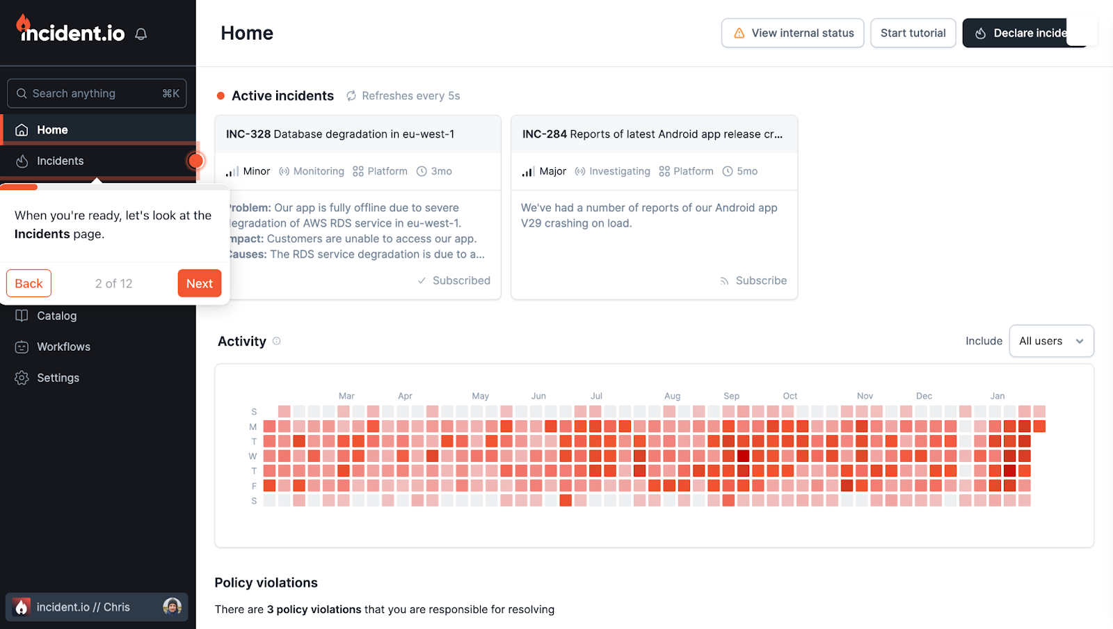 incident.io dashboard