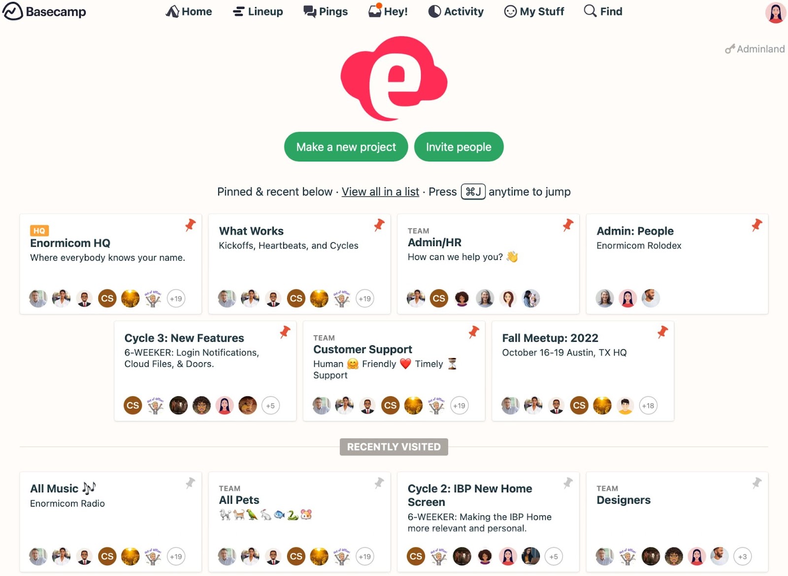 A screenshot of Basecamp's user interface, showing a list of pinned projects.