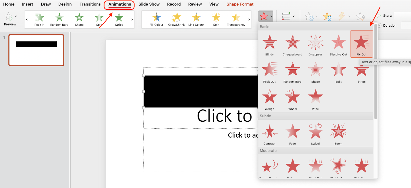 Selecteer de Fly Out op het tabblad Animatie - Een timer toevoegen in PowerPoint