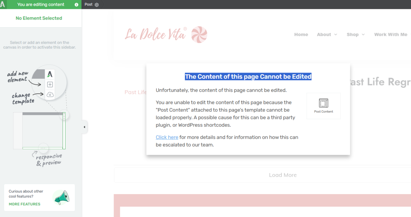 The Content of this page cannot be edited error in action.